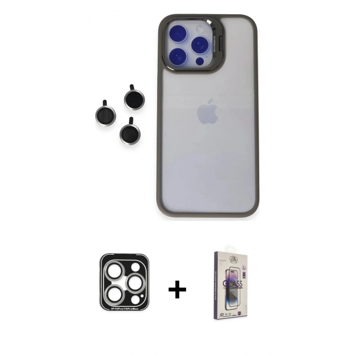 MARSİLYAN™- iPhone 15 Pro Max Kılıf Yankı Asil Serisi - Siyah Bilvis 3D Cam Ekran Koruyucu + PVD Metal Kamera Lens - GS