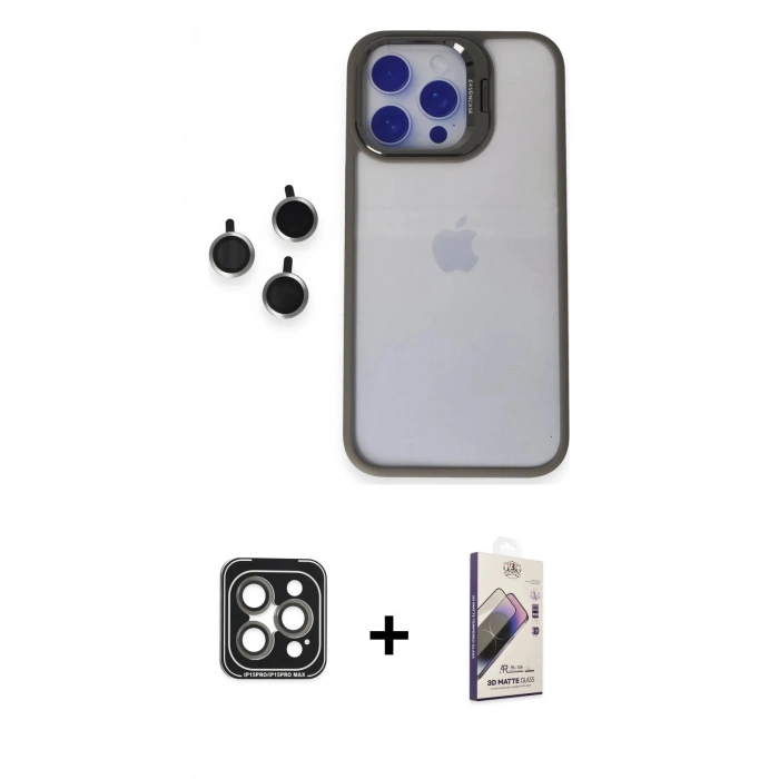 MARSİLYAN™- iPhone 15 Pro Max Kılıf Yankı Asil Serisi - Siyah Bilvis 3D Mat Cam Ekran Koruyucu + PVD Metal Kamera Lens - GI
