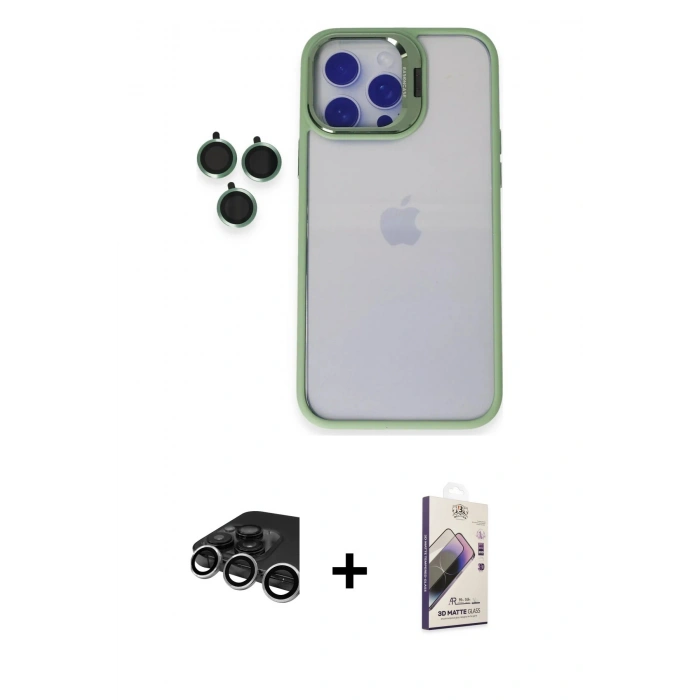 MARSİLYAN™- iPhone 15 Pro Max Kılıf Yankı Asil Serisi - Siyah Bilvis 3D Mat Cam Ekran Koruyucu + Raze Metal Kamera Lens - GS