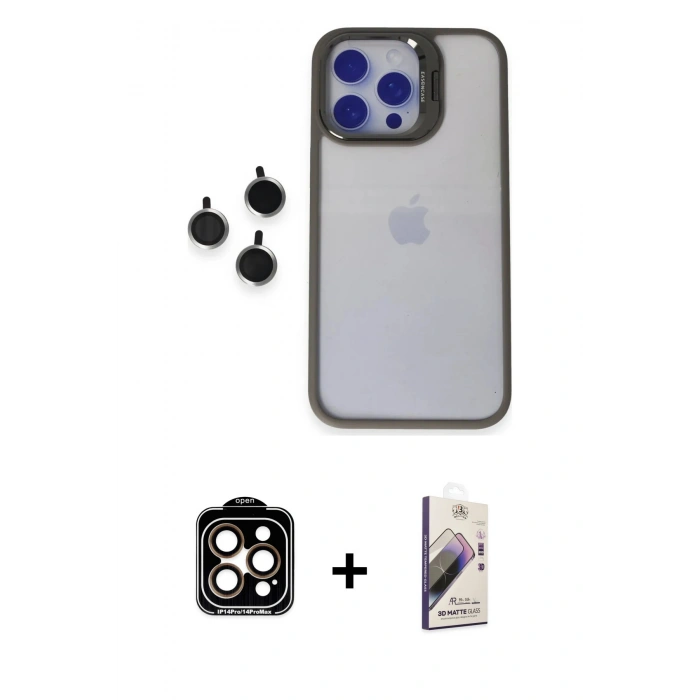 MARSİLYAN™- iPhone 15 Pro Max Kılıf Yankı Asil Serisi - Siyah Bilvis 3D Mat Cam Ekran Koruyucu + PVD Metal Kamera Lens - TU