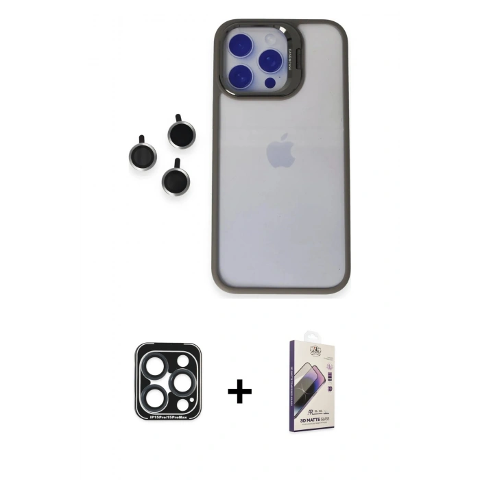 MARSİLYAN™- iPhone 15 Pro Max Kılıf Yankı Asil Serisi - Siyah Bilvis 3D Mat Cam Ekran Koruyucu + PVD Metal Kamera Lens - LT
