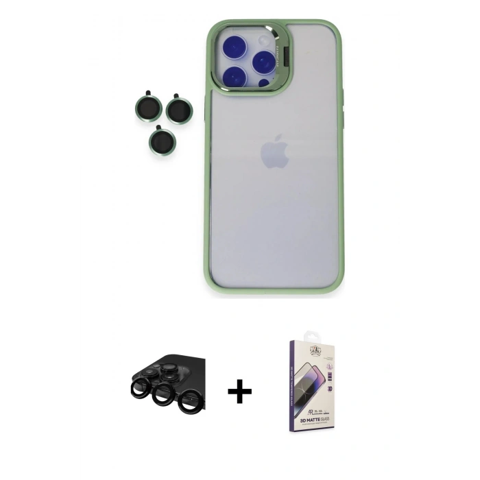 MARSİLYAN™- iPhone 15 Pro Max Kılıf Yankı Asil Serisi - Siyah Bilvis 3D Mat Cam Ekran Koruyucu + Raze Metal Kamera Lens - SH