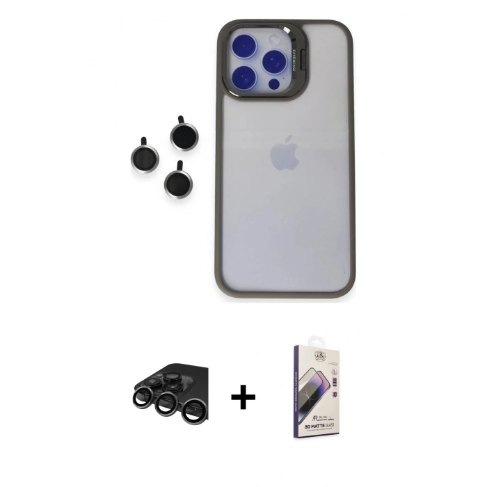 MARSİLYAN™- iPhone 15 Pro Max Kılıf Yankı Asil Serisi - Siyah Bilvis 3D Mat Cam Ekran Koruyucu + Raze Metal Kamera Lens - TMGI