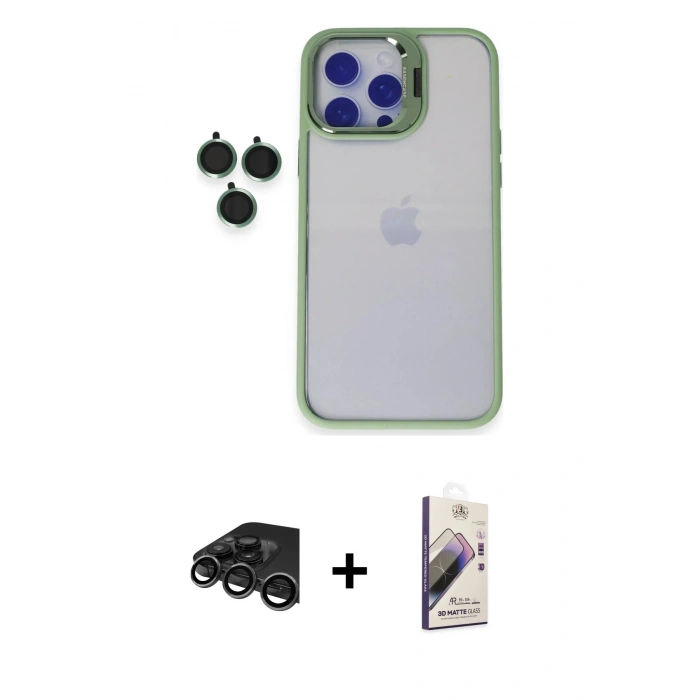 MARSİLYAN™- iPhone 15 Pro Max Kılıf Yankı Asil Serisi - Siyah Bilvis 3D Mat Cam Ekran Koruyucu + Raze Metal Kamera Lens - TMGI