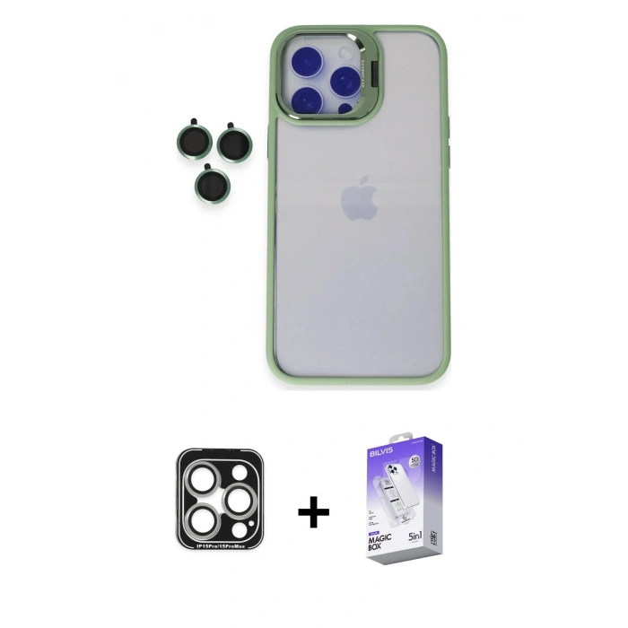 MARSİLYAN™- iPhone 15 Pro Max Kılıf Yankı Asil Serisi - Siyah Bilvis 5in1 3D Magic Cam Ekran Koruyucu + PVD Metal Kamera Lens - GS
