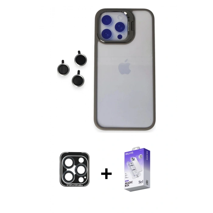 MARSİLYAN™- iPhone 15 Pro Max Kılıf Yankı Asil Serisi - Siyah Bilvis 5in1 3D Magic Cam Ekran Koruyucu + PVD Metal Kamera Lens - LT