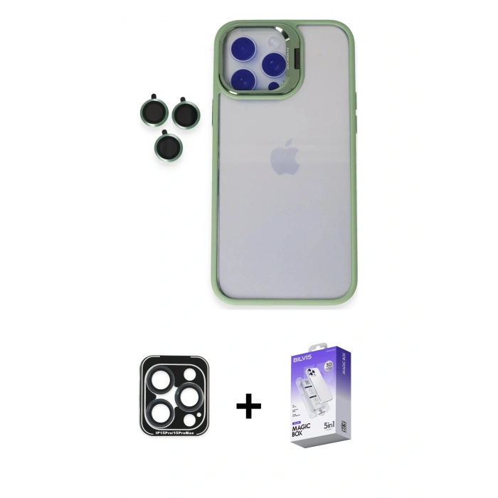 MARSİLYAN™- iPhone 15 Pro Max Kılıf Yankı Asil Serisi - Siyah Bilvis 5in1 3D Magic Cam Ekran Koruyucu + PVD Metal Kamera Lens - LT