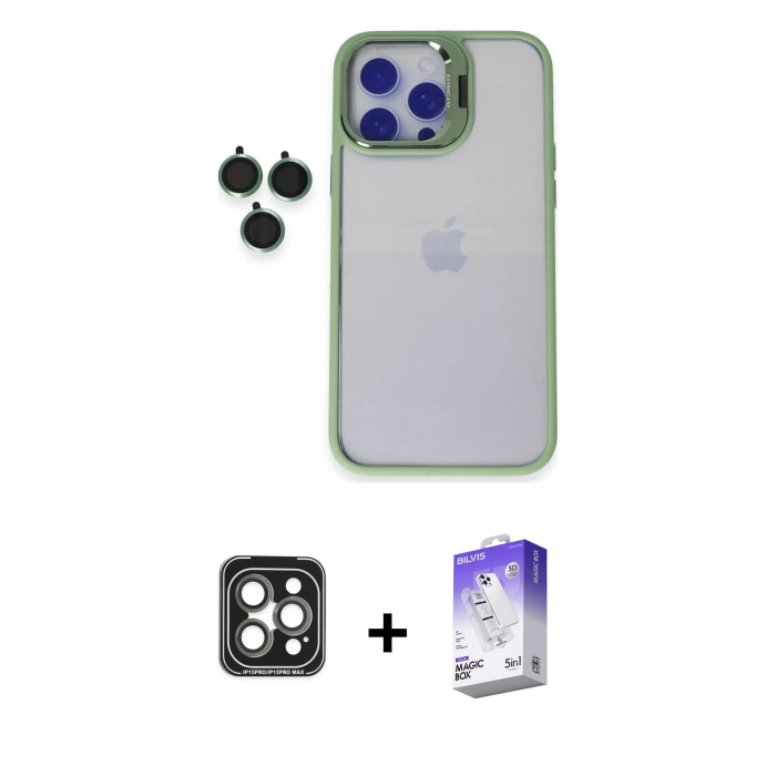 MARSİLYAN™- iPhone 15 Pro Max Kılıf Yankı Asil Serisi - Siyah Bilvis 5in1 3D Magic Cam Ekran Koruyucu + PVD Metal Kamera Lens - GI