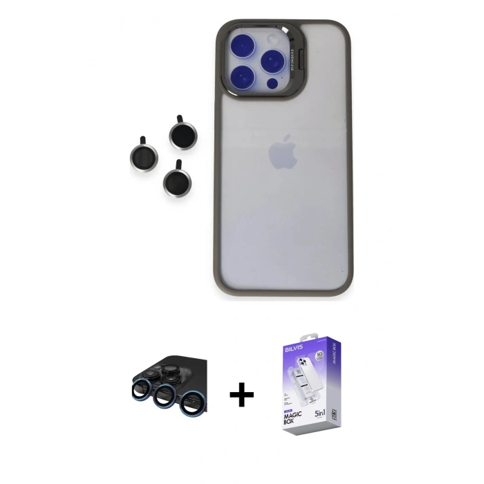 MARSİLYAN™- iPhone 15 Pro Max Kılıf Yankı Asil Serisi - Siyah Bilvis 5in1 3D Magic Cam Ekran Koruyucu + Raze Metal Kamera Lens - LT