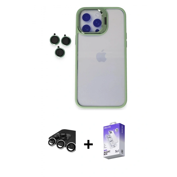 MARSİLYAN™- iPhone 15 Pro Max Kılıf Yankı Asil Serisi - Siyah Bilvis 5in1 3D Magic Cam Ekran Koruyucu + Raze Metal Kamera Lens - GS