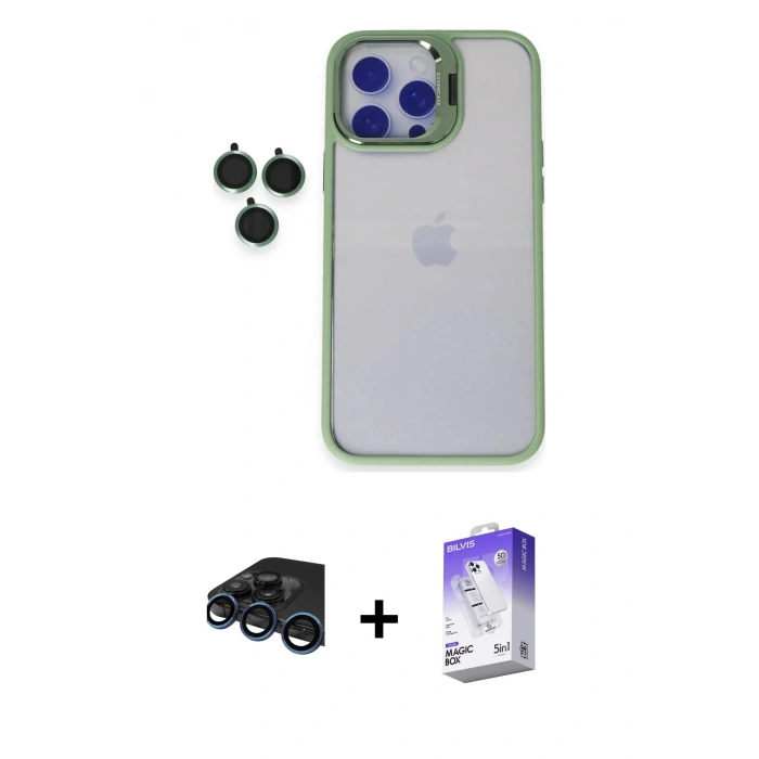 MARSİLYAN™- iPhone 15 Pro Max Kılıf Yankı Asil Serisi - Siyah Bilvis 5in1 3D Magic Cam Ekran Koruyucu + Raze Metal Kamera Lens - LT