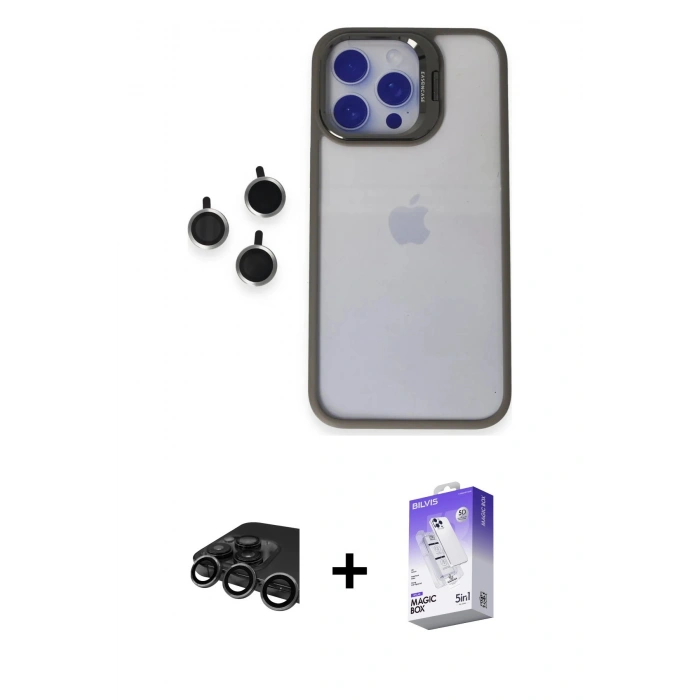 MARSİLYAN™- iPhone 15 Pro Max Kılıf Yankı Asil Serisi - Siyah Bilvis 5in1 3D Magic Cam Ekran Koruyucu + Raze Metal Kamera Lens - TMGI