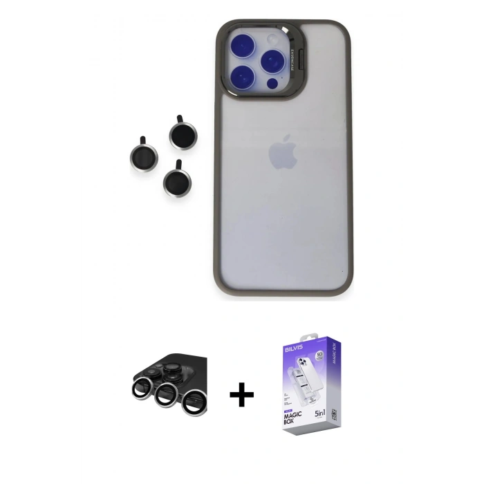 MARSİLYAN™- iPhone 15 Pro Max Kılıf Yankı Asil Serisi - Siyah Bilvis 5in1 3D Magic Cam Ekran Koruyucu + Raze Metal Kamera Lens - GS