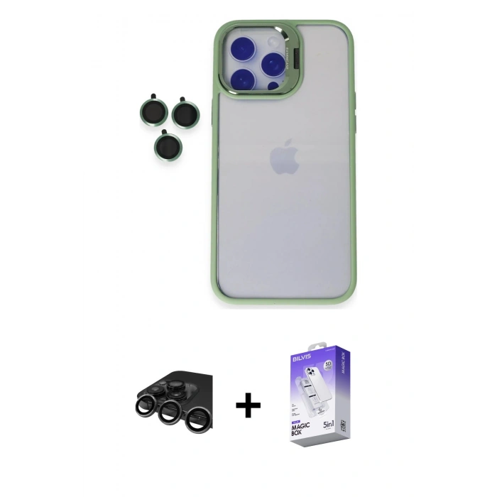 MARSİLYAN™- iPhone 15 Pro Max Kılıf Yankı Asil Serisi - Siyah Bilvis 5in1 3D Magic Cam Ekran Koruyucu + Raze Metal Kamera Lens - TMGI