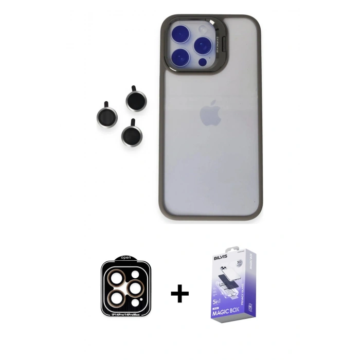 MARSİLYAN™- iPhone 15 Pro Max Kılıf Yankı Asil Serisi - Siyah Bilvis 5in1 5D Magic Hayalet Cam Ekran Koruyucu + PVD Metal Kamera Lens - TU