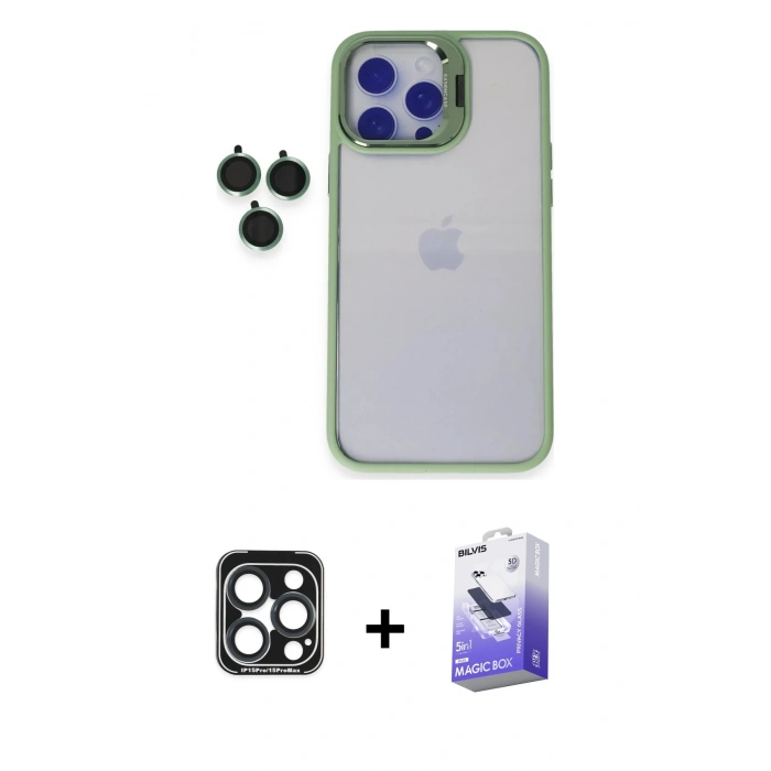 MARSİLYAN™- iPhone 15 Pro Max Kılıf Yankı Asil Serisi - Siyah Bilvis 5in1 5D Magic Hayalet Cam Ekran Koruyucu + PVD Metal Kamera Lens - LT