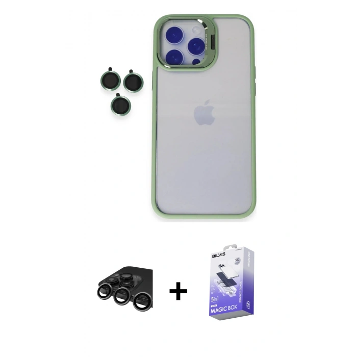 MARSİLYAN™- iPhone 15 Pro Max Kılıf Yankı Asil Serisi - Siyah Bilvis 5in1 5D Magic Hayalet Cam Ekran Koruyucu + Raze Metal Kamera Lens - TMGI