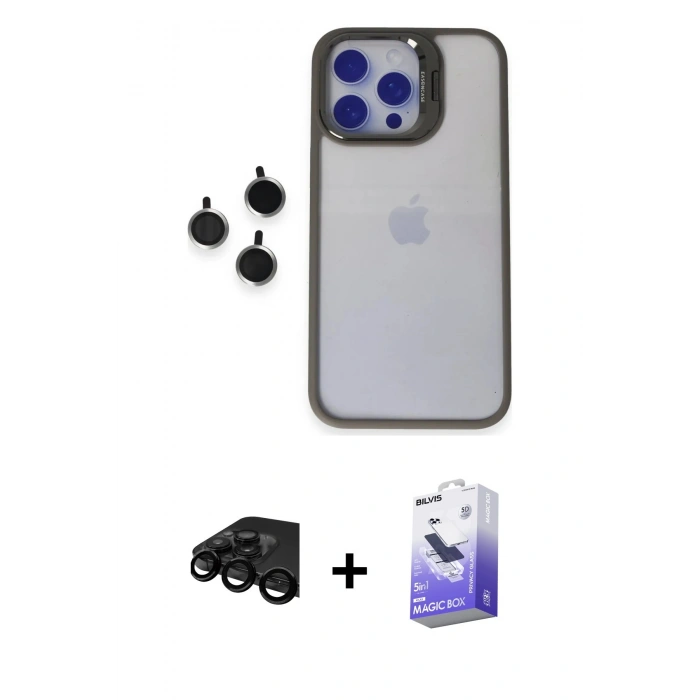 MARSİLYAN™- iPhone 15 Pro Max Kılıf Yankı Asil Serisi - Siyah Bilvis 5in1 5D Magic Hayalet Cam Ekran Koruyucu + Siyah Raze Metal Kamera Lens