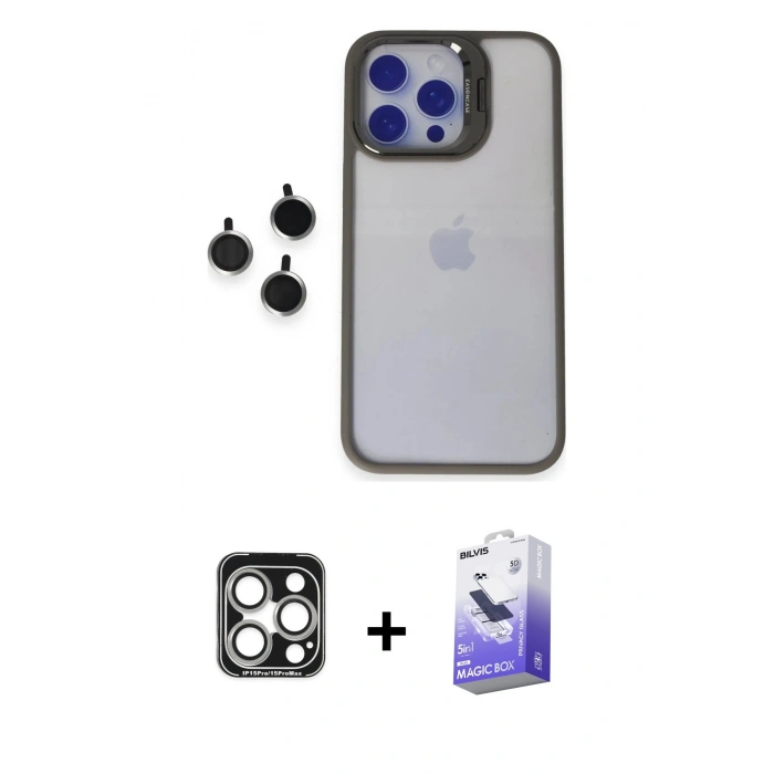 MARSİLYAN™- iPhone 15 Pro Max Kılıf Yankı Asil Serisi - Siyah Bilvis 5in1 5D Magic Hayalet Cam Ekran Koruyucu + PVD Metal Kamera Lens - GS