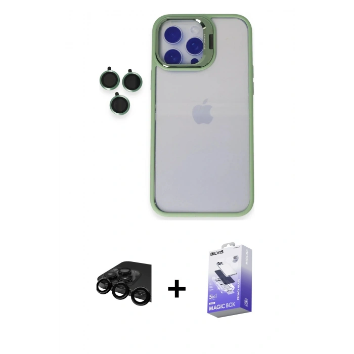 MARSİLYAN™- iPhone 15 Pro Max Kılıf Yankı Asil Serisi - Siyah Bilvis 5in1 5D Magic Hayalet Cam Ekran Koruyucu + Siyah Raze Metal Kamera Lens