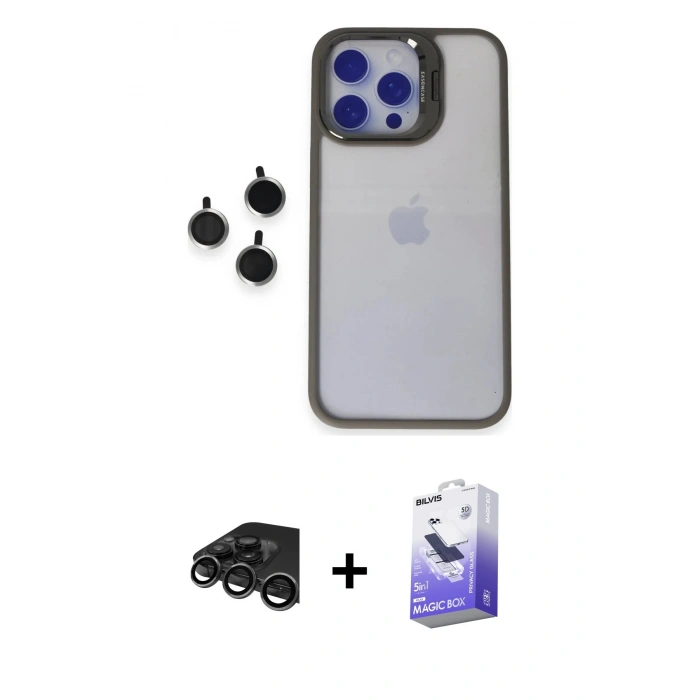 MARSİLYAN™- iPhone 15 Pro Max Kılıf Yankı Asil Serisi - Siyah Bilvis 5in1 5D Magic Hayalet Cam Ekran Koruyucu + Raze Metal Kamera Lens - TMGI