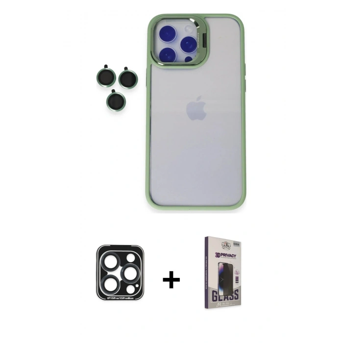 MARSİLYAN™- iPhone 15 Pro Max Kılıf Yankı Asil Serisi - Siyah Bilvis Hayalet Cam Ekran Koruyucu + PVD Metal Kamera Lens - LT