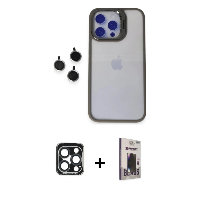 MARSİLYAN™- iPhone 15 Pro Max Kılıf Yankı Asil Serisi - Siyah Bilvis Hayalet Cam Ekran Koruyucu + PVD Metal Kamera Lens - LT