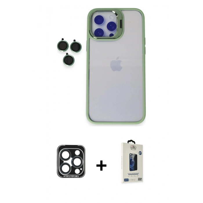 MARSİLYAN™- iPhone 15 Pro Max Kılıf Yankı Asil Serisi - Siyah Bilvis Hayalet Cam Ekran Koruyucu + PVD Metal Kamera Lens - LT