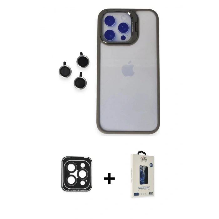 MARSİLYAN™- iPhone 15 Pro Max Kılıf Yankı Asil Serisi - Siyah Bilvis Hayalet Cam Ekran Koruyucu + PVD Metal Kamera Lens - SH