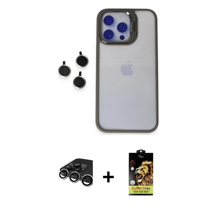 MARSİLYAN™- iPhone 15 Pro Max Kılıf Yankı Asil Serisi - Siyah Buffer Cam Ekran Koruyucu + Raze Metal Kamera Lens - GS