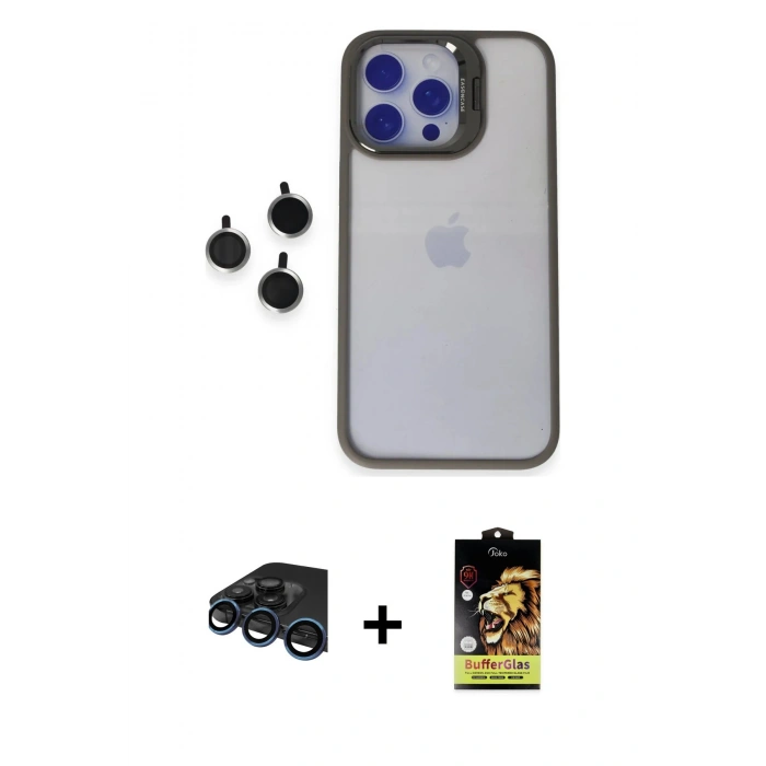 MARSİLYAN™- iPhone 15 Pro Max Kılıf Yankı Asil Serisi - Siyah Buffer Cam Ekran Koruyucu + Raze Metal Kamera Lens - LT