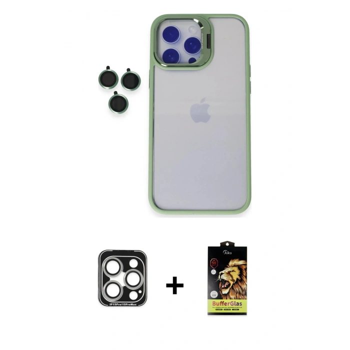 MARSİLYAN™- iPhone 15 Pro Max Kılıf Yankı Asil Serisi - Siyah Buffer Cam Ekran Koruyucu + PVD Metal Kamera Lens - GS