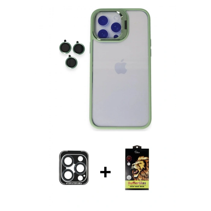 MARSİLYAN™- iPhone 15 Pro Max Kılıf Yankı Asil Serisi - Siyah Buffer Cam Ekran Koruyucu + PVD Metal Kamera Lens - LT