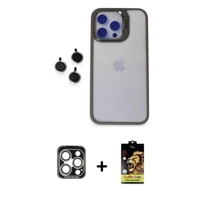 MARSİLYAN™- iPhone 15 Pro Max Kılıf Yankı Asil Serisi - Siyah Buffer Cam Ekran Koruyucu + PVD Metal Kamera Lens - GS