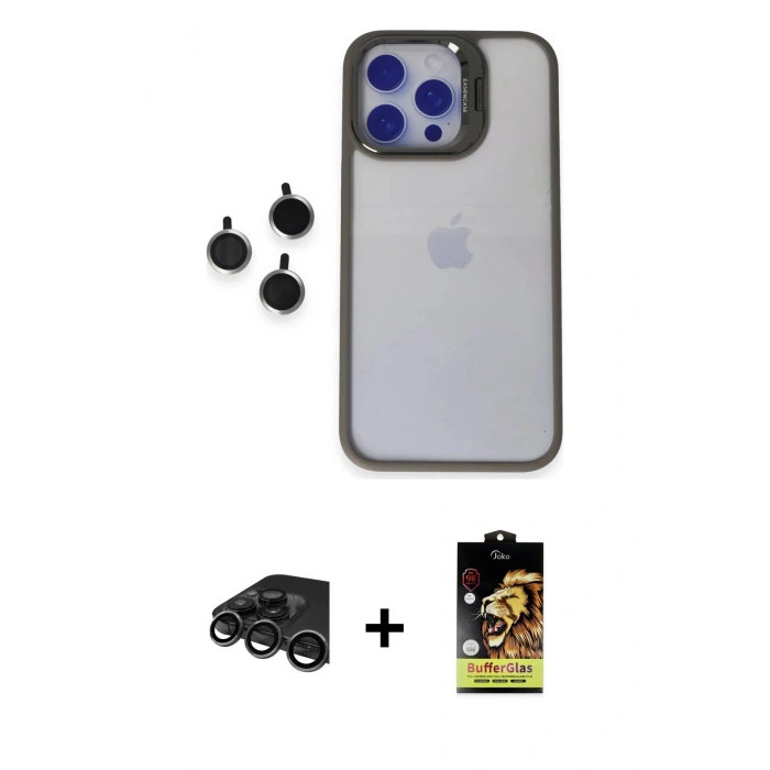 MARSİLYAN™- iPhone 15 Pro Max Kılıf Yankı Asil Serisi - Siyah Buffer Cam Ekran Koruyucu + Raze Metal Kamera Lens - TMGI