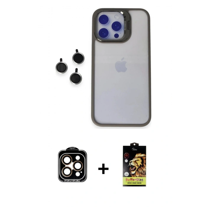 MARSİLYAN™- iPhone 15 Pro Max Kılıf Yankı Asil Serisi - Siyah Buffer Cam Ekran Koruyucu + PVD Metal Kamera Lens - TU