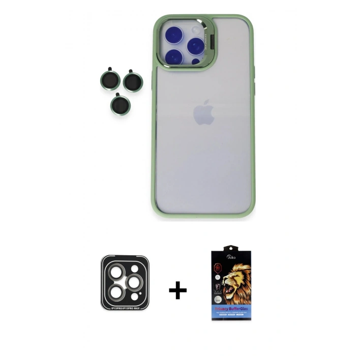 MARSİLYAN™- iPhone 15 Pro Max Kılıf Yankı Asil Serisi - Siyah Buffer Hayalet Cam Ekran Koruyucu + PVD Metal Kamera Lens - GI