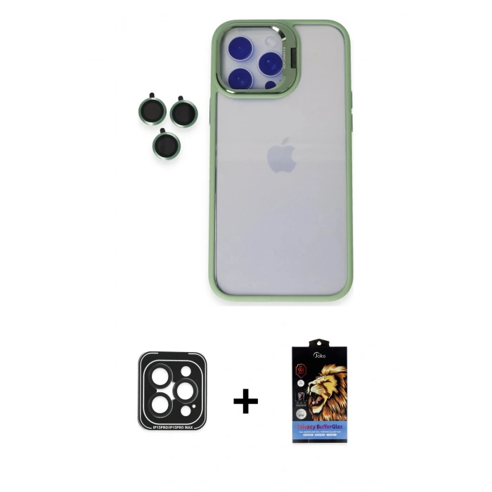 MARSİLYAN™- iPhone 15 Pro Max Kılıf Yankı Asil Serisi - Siyah Buffer Hayalet Cam Ekran Koruyucu + PVD Metal Kamera Lens - SH