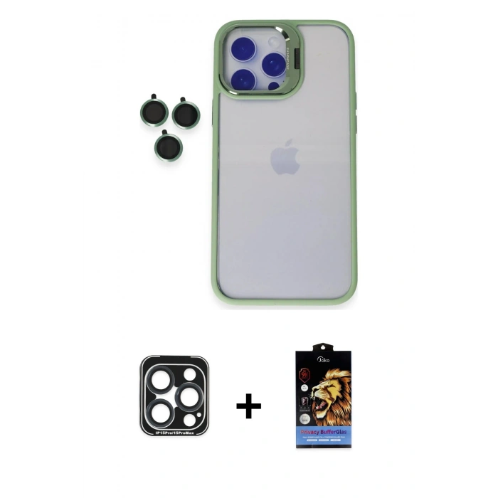 MARSİLYAN™- iPhone 15 Pro Max Kılıf Yankı Asil Serisi - Siyah Buffer Hayalet Cam Ekran Koruyucu + PVD Metal Kamera Lens - LT