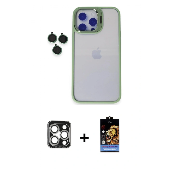 MARSİLYAN™- iPhone 15 Pro Max Kılıf Yankı Asil Serisi - Siyah Buffer Hayalet Cam Ekran Koruyucu + PVD Metal Kamera Lens - GS