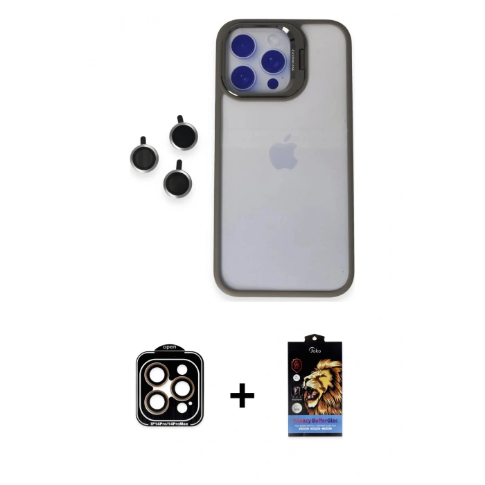 MARSİLYAN™- iPhone 15 Pro Max Kılıf Yankı Asil Serisi - Siyah Buffer Hayalet Cam Ekran Koruyucu + PVD Metal Kamera Lens - TU