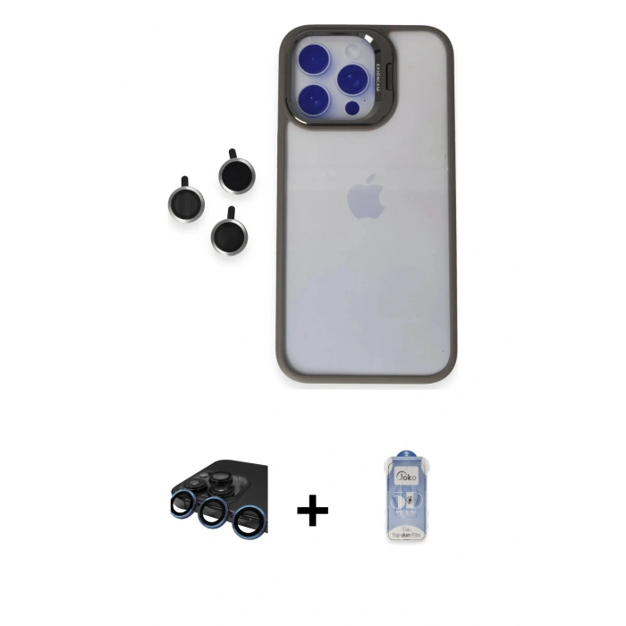 MARSİLYAN™- iPhone 15 Pro Max Kılıf Yankı Asil Serisi - Siyah Joko Magic 5D Cam + Lacivert Raze Metal Kamera Lens