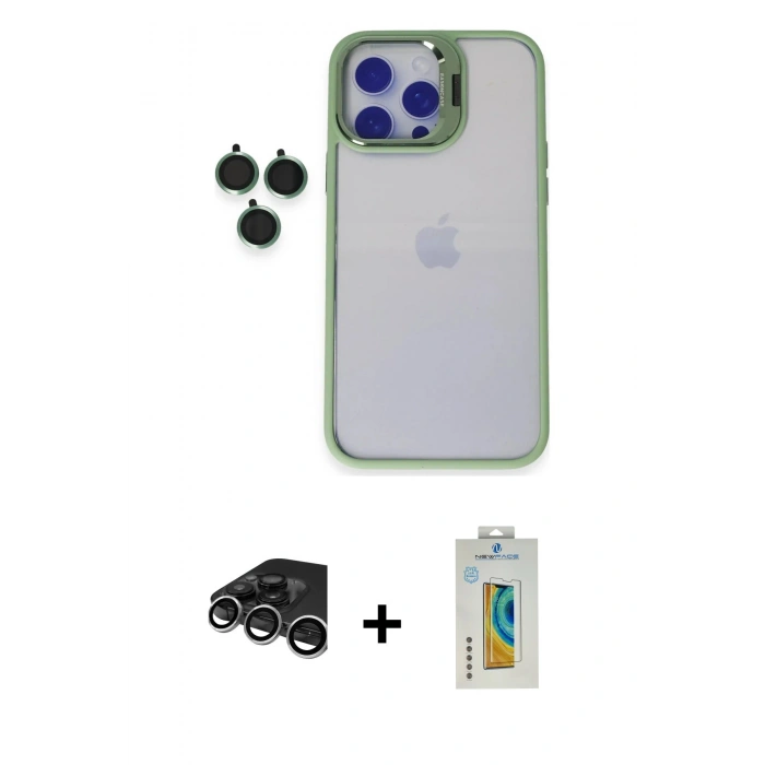 MARSİLYAN™- iPhone 15 Pro Max Kılıf Yankı Asil Serisi - Siyah Polymer Nano Ekran Koruyucu + Gümüş Raze Metal Kamera Lens