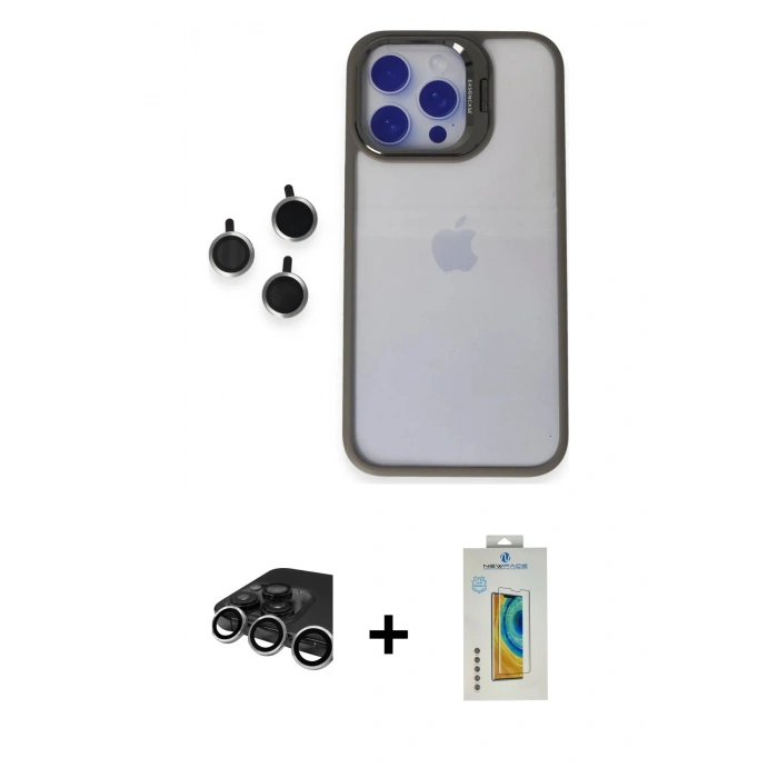 MARSİLYAN™- iPhone 15 Pro Max Kılıf Yankı Asil Serisi - Siyah Polymer Nano Ekran Koruyucu + Gümüş Raze Metal Kamera Lens