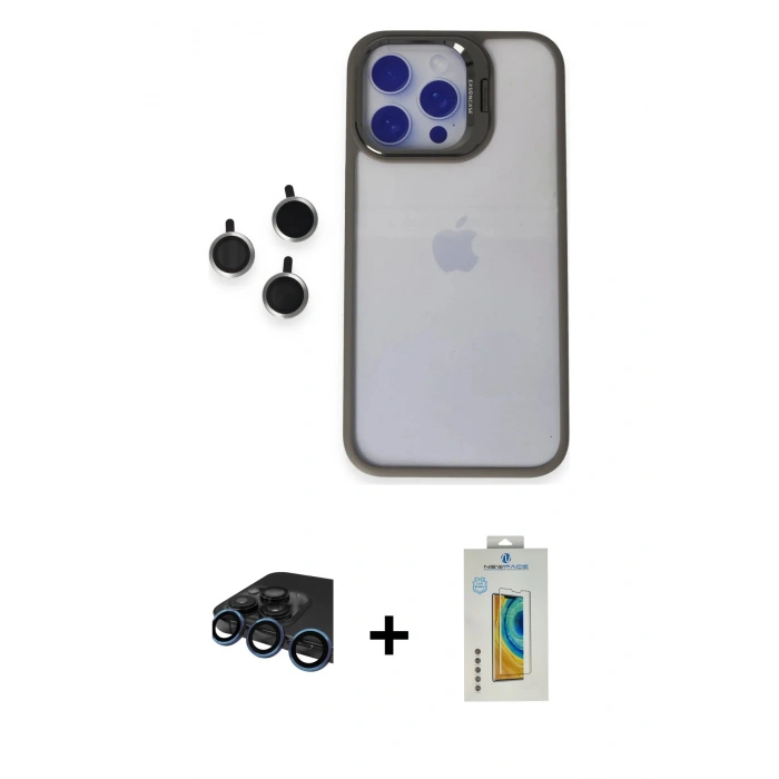 MARSİLYAN™- iPhone 15 Pro Max Kılıf Yankı Asil Serisi - Siyah Polymer Nano Ekran Koruyucu + Lacivert Raze Metal Kamera Lens