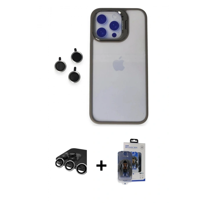 MARSİLYAN™- iPhone 15 Pro Max Kılıf Yankı Asil Serisi - Siyah Vanessa Magic Cam + Gümüş Raze Metal Kamera Lens