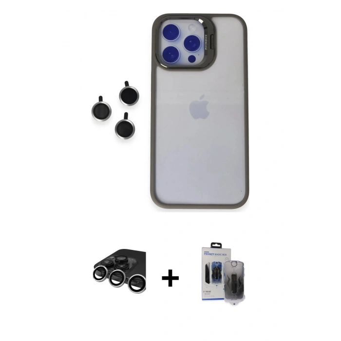 MARSİLYAN™- iPhone 15 Pro Max Kılıf Yankı Asil Serisi - Siyah Vanessa Magic Hayalet Cam + Gümüş Raze Metal Kamera Lens