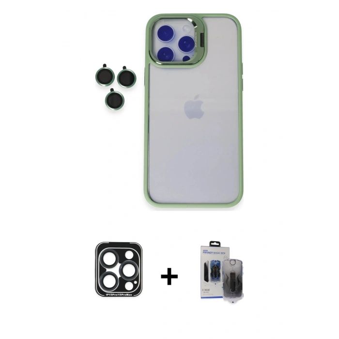 MARSİLYAN™- iPhone 15 Pro Max Kılıf Yankı Asil Serisi - Siyah Vanessa Magic Hayalet Cam + Lacivert PVD Metal Kamera Lens
