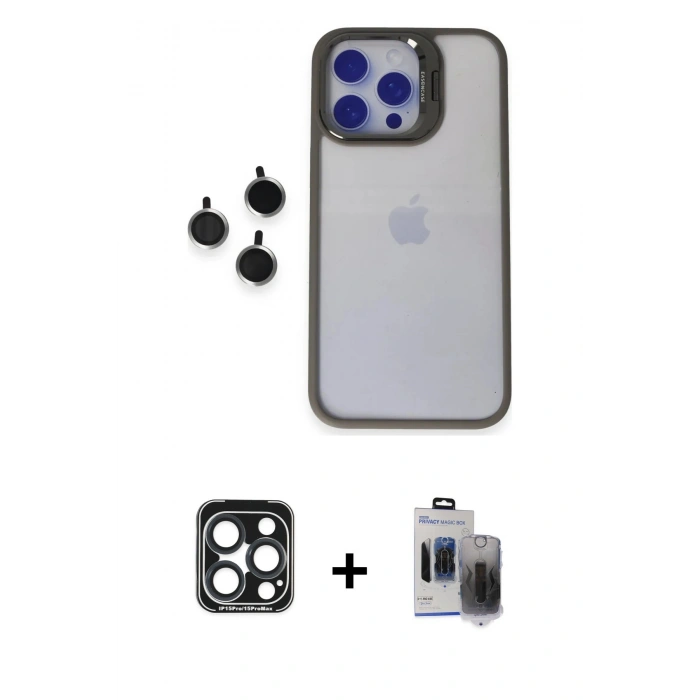 MARSİLYAN™- iPhone 15 Pro Max Kılıf Yankı Asil Serisi - Siyah Vanessa Magic Hayalet Cam + Lacivert PVD Metal Kamera Lens