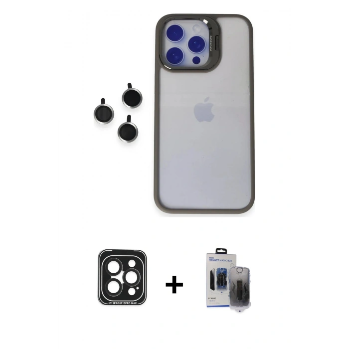 MARSİLYAN™- iPhone 15 Pro Max Kılıf Yankı Asil Serisi - Siyah Vanessa Magic Hayalet Cam + PVD Metal Kamera Lens - SH